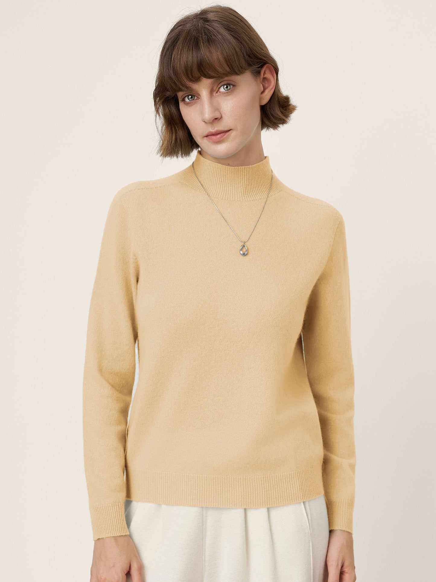 Premium Cashmere Blend Hand-Finished Seamless Mock Neck Ribbed Sweater RHEA