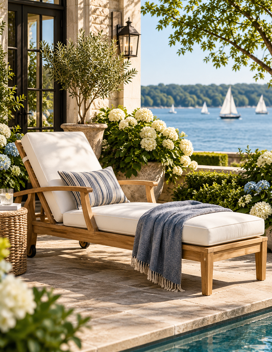 A wooden outdoor chaise lounge with white cushions and a blue throw blanket, styled on a stone patio beside a pool with a scenic ocean view in the background.
