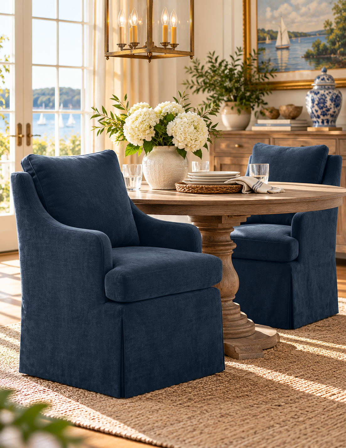A pair of deep navy blue slipcovered armchairs in a beautifully styled dining room with a wooden table, floral centerpiece, and large windows.
