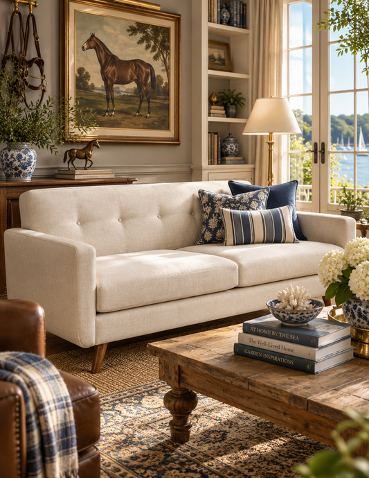 Sutton Tufted Linen Loveseat – Mid-Century Upholstered 2-Seat Sofa in Beige