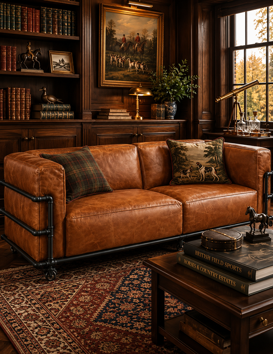 A rustic brown leather sofa with black metal frame accents, styled in a classic wood-paneled study with patterned throw pillows, a vintage rug, and a wooden coffee table.