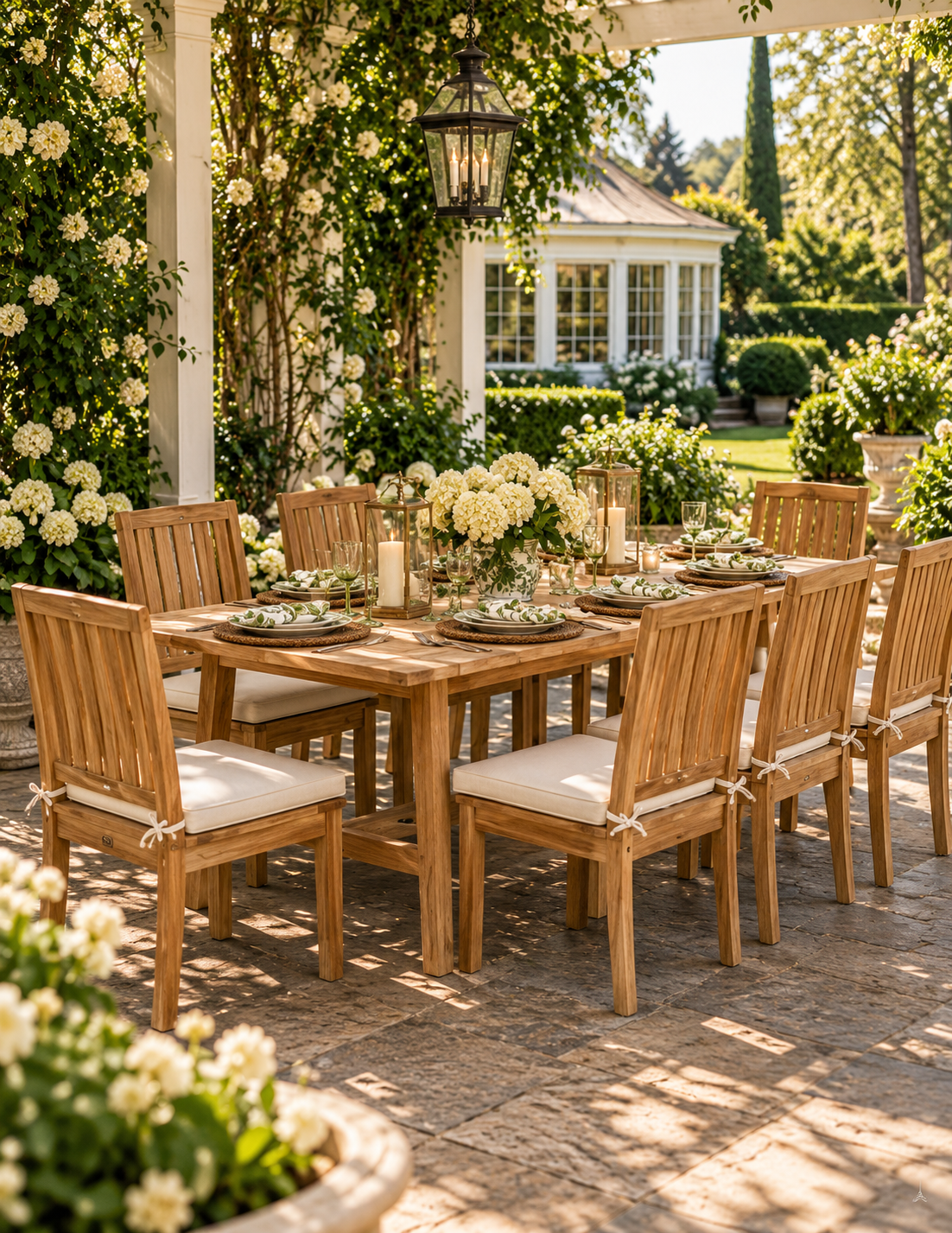 A 7-piece outdoor dining set made of warm natural teak wood with cream cushions, set on a stone patio under a white pergola decorated with climbing white roses and a garden gazebo in the background.