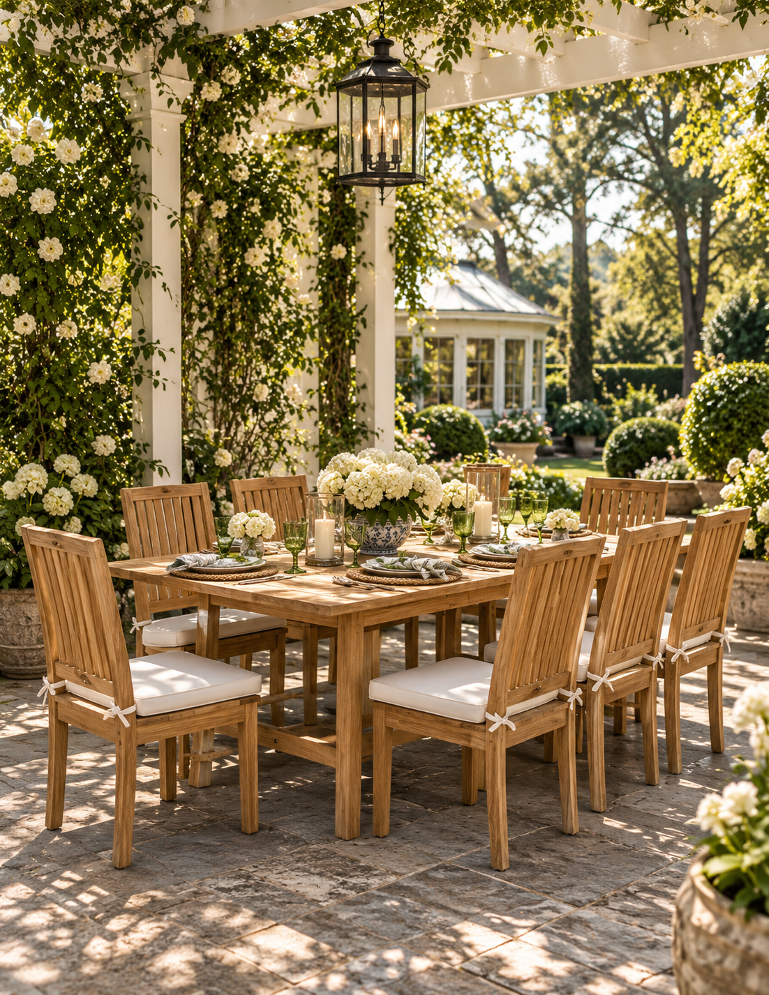 An outdoor dining set consisting of a rectangular wooden table and six matching slatted chairs with cream cushions, styled on a stone patio under a white pergola with climbing greenery and a hanging lantern.