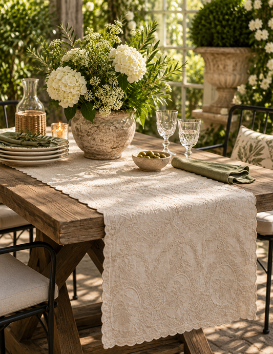 An off-white lace table runner with scalloped edges draped over a rustic wooden dining table, styled with a floral centerpiece, plates, folded green napkins, and wine glasses in an outdoor garden setting.