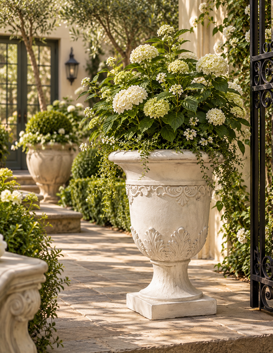 A large white stone urn planter filled with lush green hydrangea bushes and white flowers, set on a stone pathway in a beautifully landscaped garden.