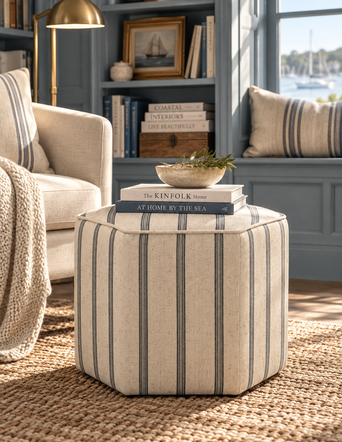 A hexagonal upholstered ottoman with vertical navy blue stripes on a cream linen fabric, styled in a bright, modern living room next to a beige armchair.