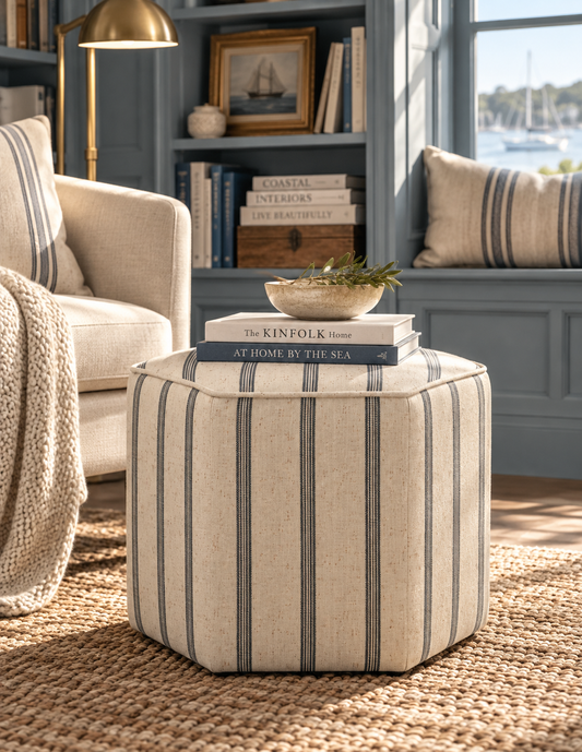 A hexagonal upholstered ottoman with vertical navy blue stripes on a cream linen fabric, styled in a bright, modern living room next to a beige armchair.