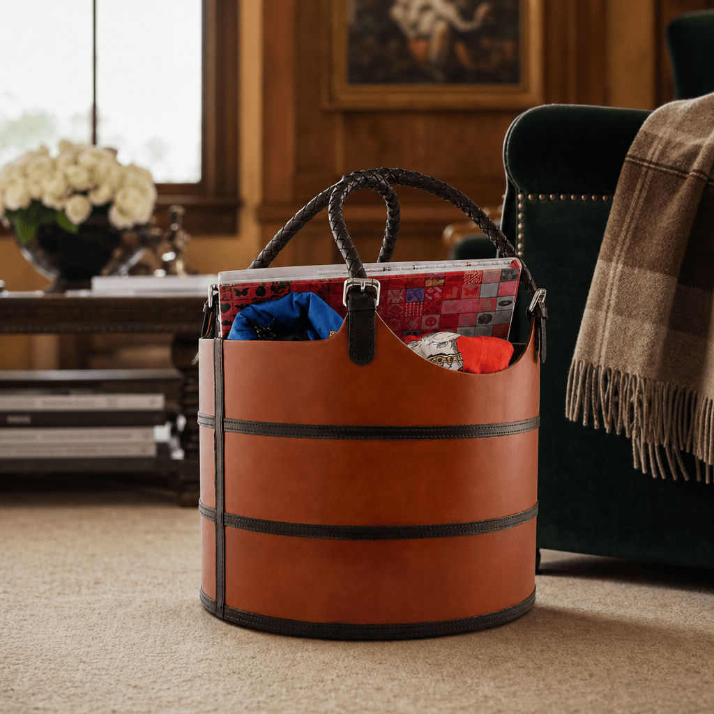 A brown leather cylindrical storage basket with black trim and rope handles, filled with magazines and folded garments, placed on a carpeted floor in a cozy living room next to a green armchair with a plaid throw blanket.