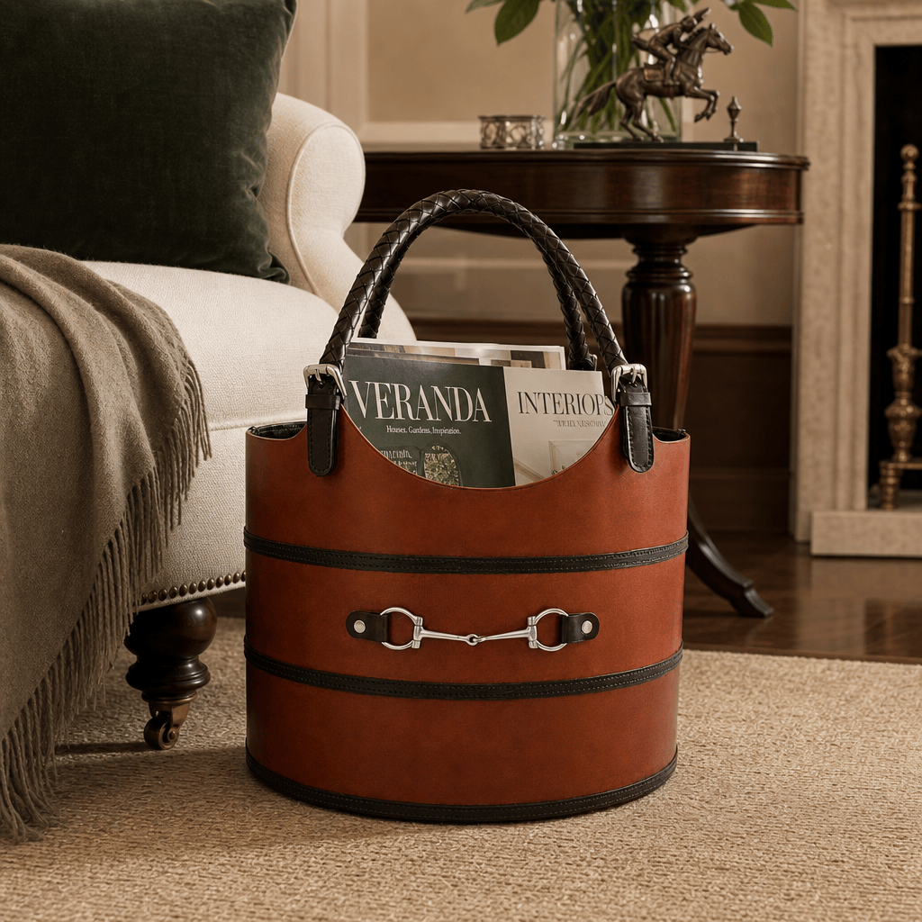 A brown leather cylindrical magazine basket with black trim and horsebit hardware, placed on a beige rug in a living room beside a sofa and side table.