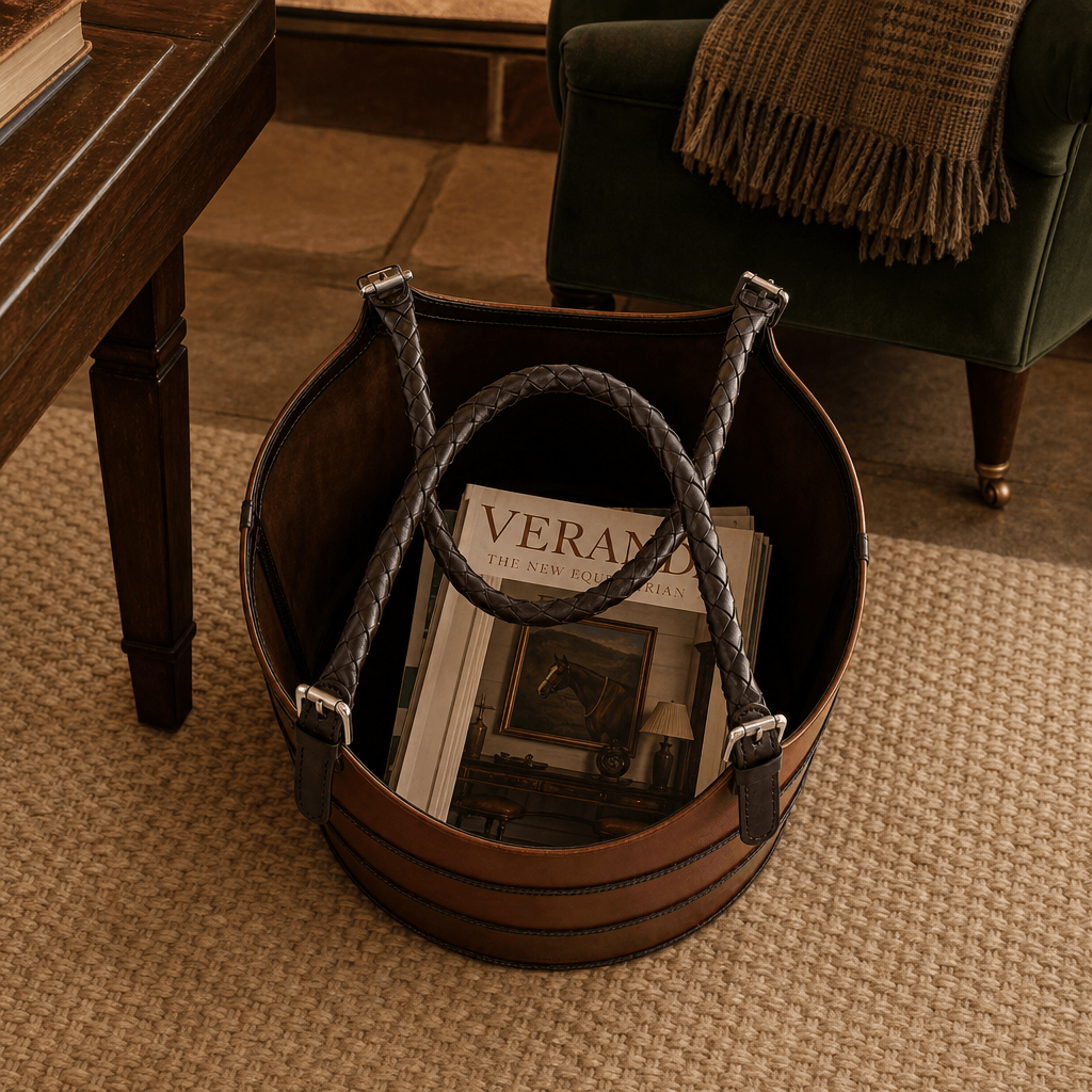 A brown leather tote bag with braided dark handles sits on a woven beige rug in a styled interior setting, holding a magazine.