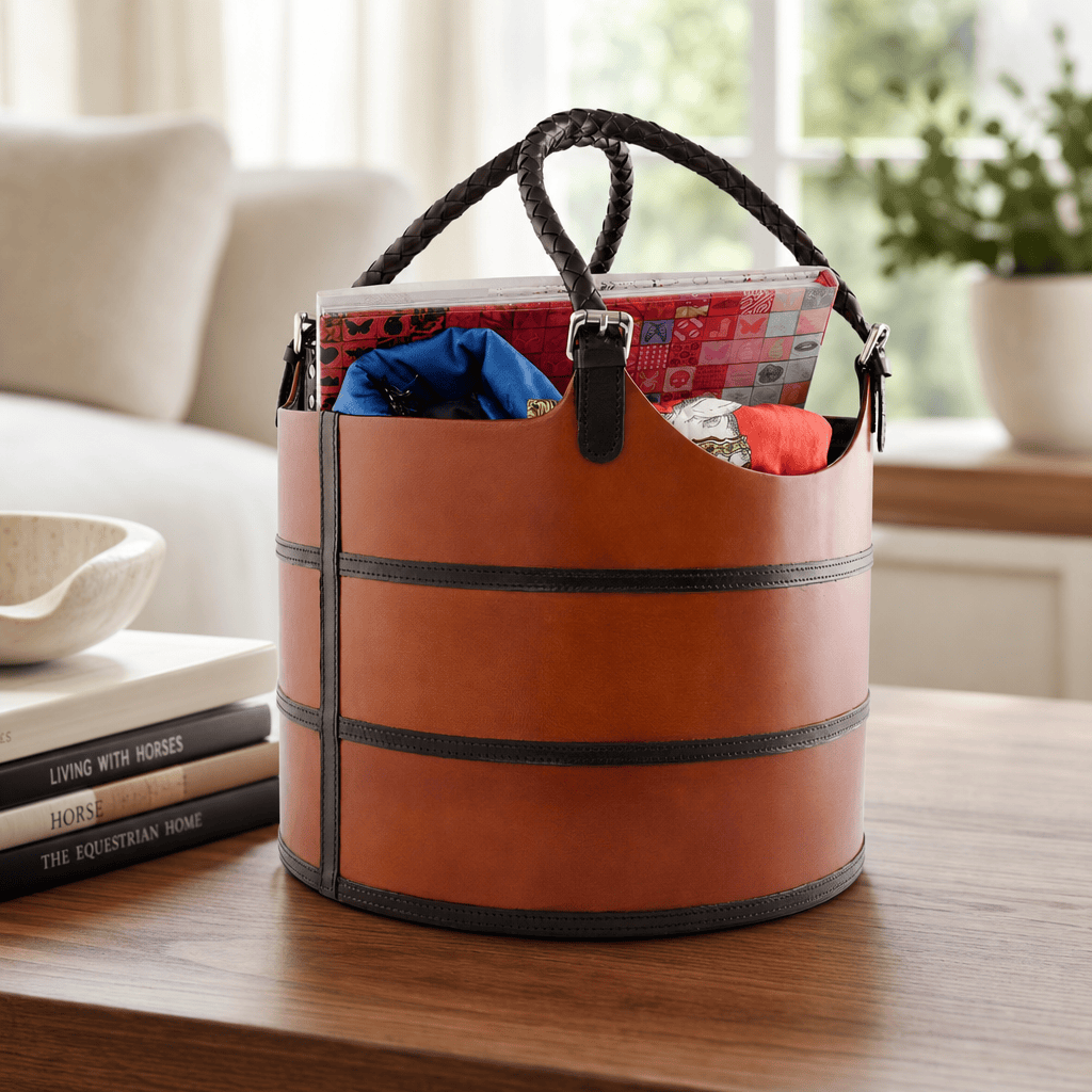 A brown leather cylindrical storage basket with black trim and rope handles sits on a wooden table in a bright living room setting, filled with folded blankets and a patterned fabric.