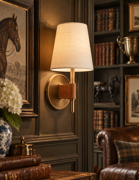 A wall-mounted sconce with a warm beige fabric drum shade, a brass circular backplate, and a brown leather accent, shown lit in a classic library setting.