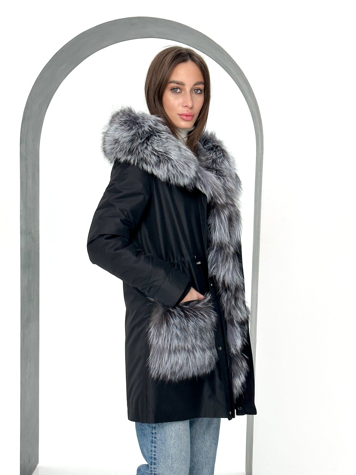 Roma Genuine Silver Fox Fur Rabbit Fur Insulated Parka in Black