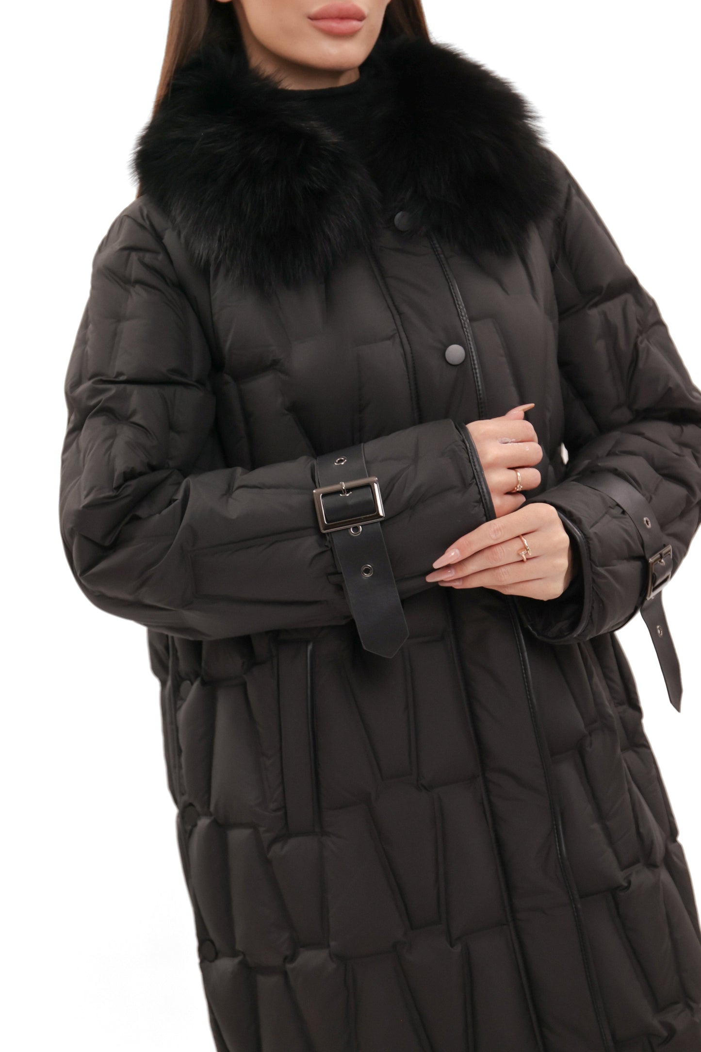 Riley Genuine Fur Trim Down Fill Coat in Black