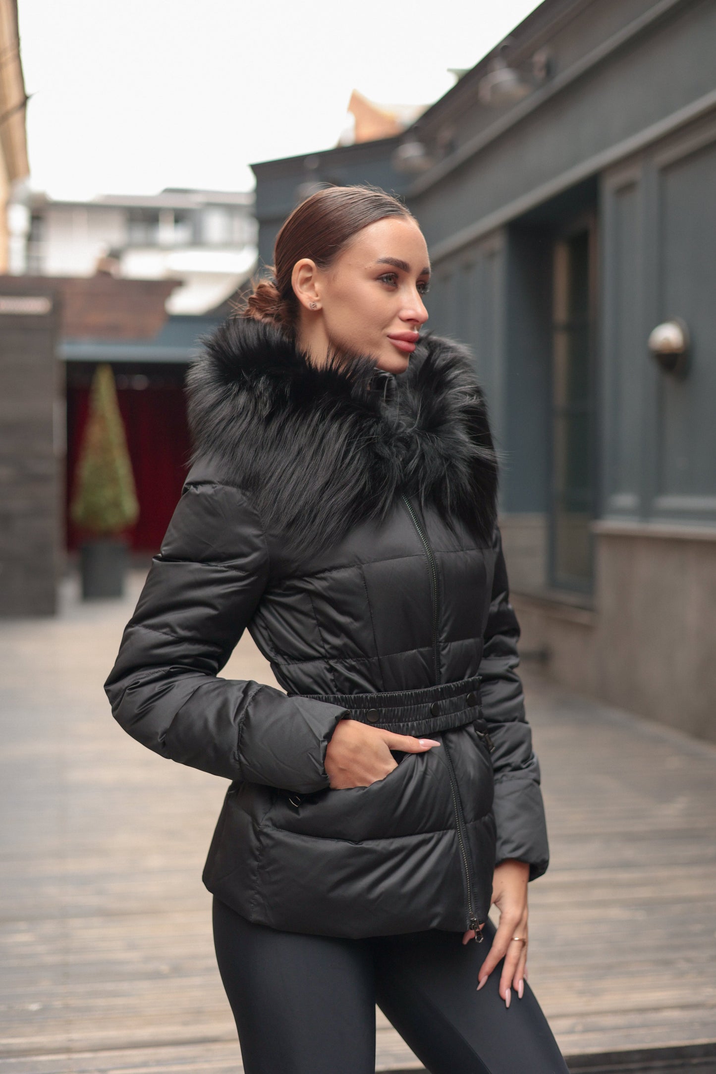 Astrid Genuine Fur Trim Down Coat in Black
