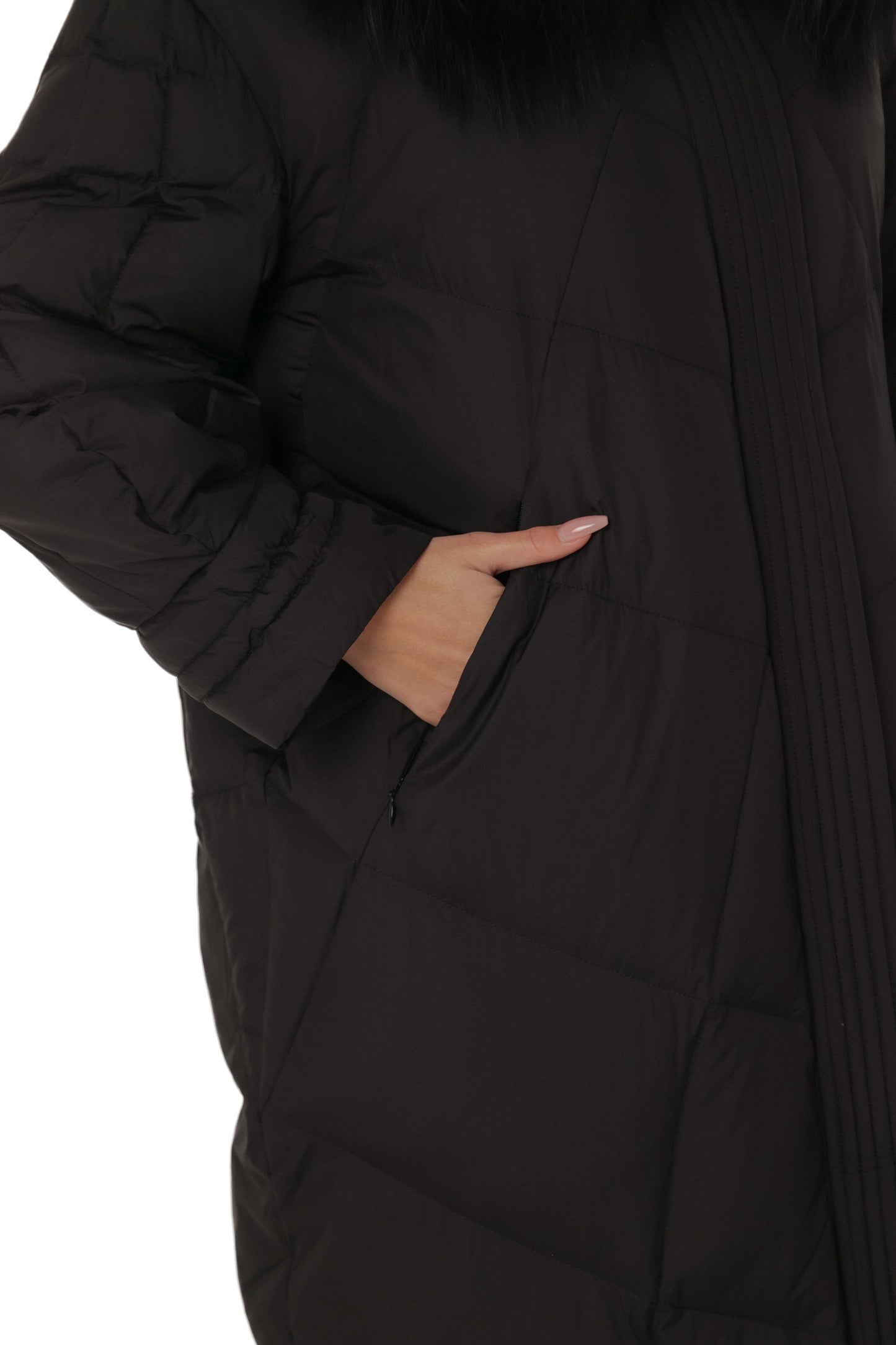 Genuine Silver Fox Fur Trim Down Coat
