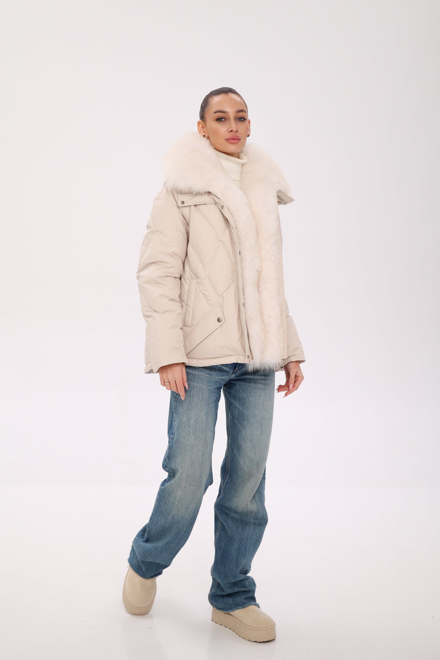 Genuine Polar Fox Fur Down Insulated Parka in Ivory