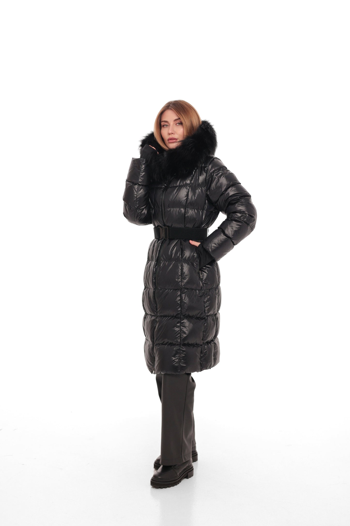 Cyrus Genuine Fur Trim Down Fill Coat in Black