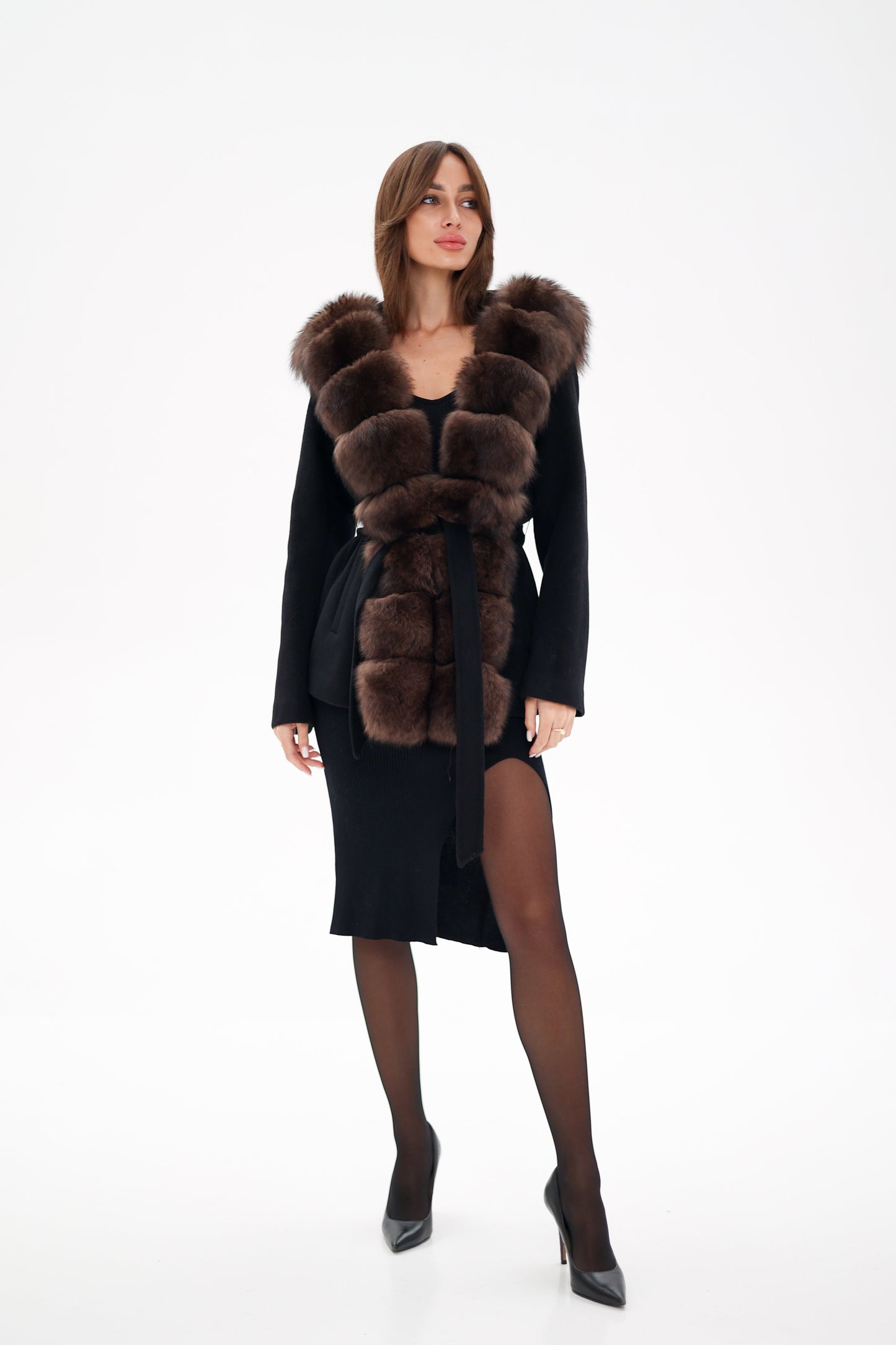 Genuine Polar Fox Fur Hooded Virgin Wool Coat