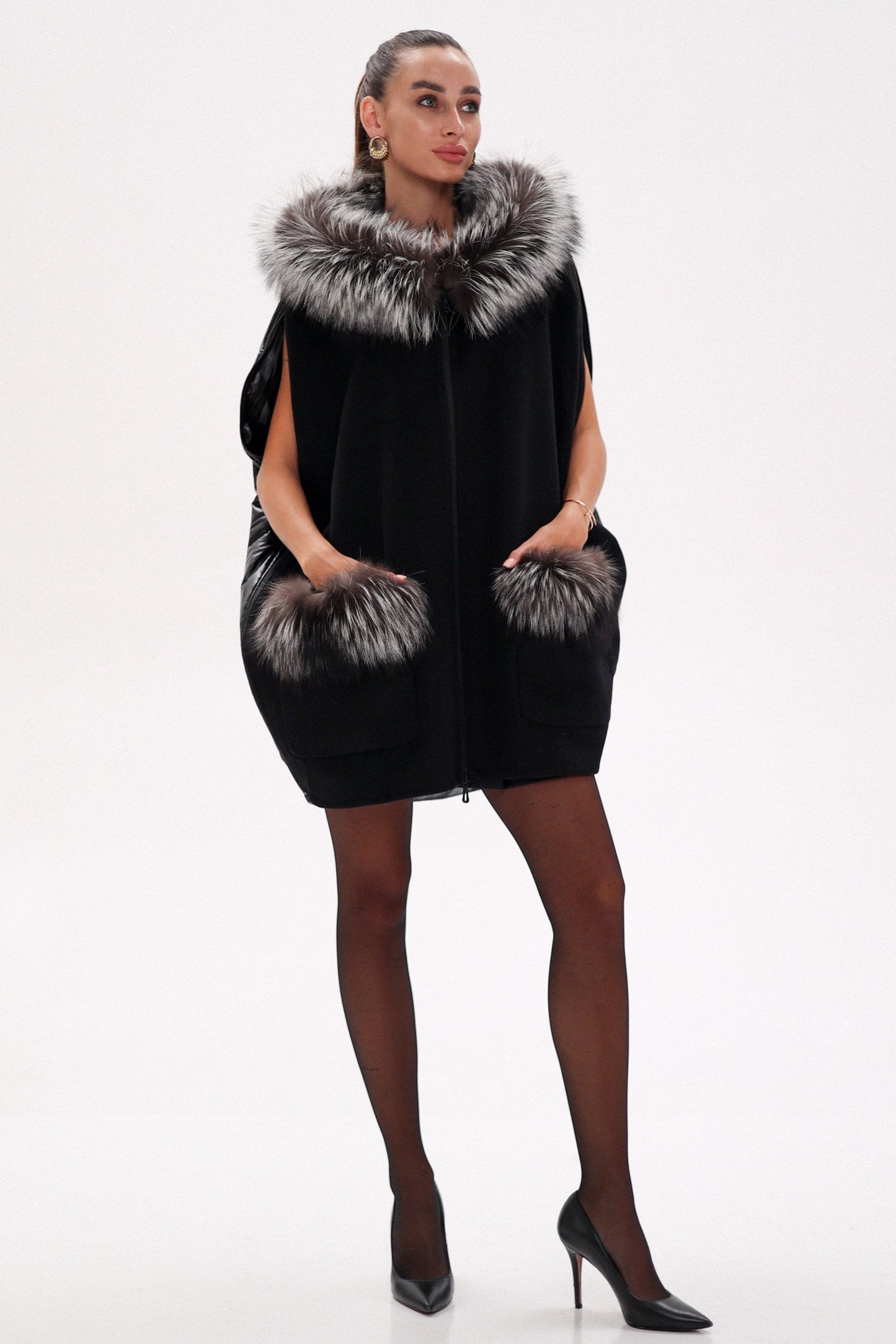 Saga®Furs Silver Fox Wool Alpaca Poncho Vest in Black