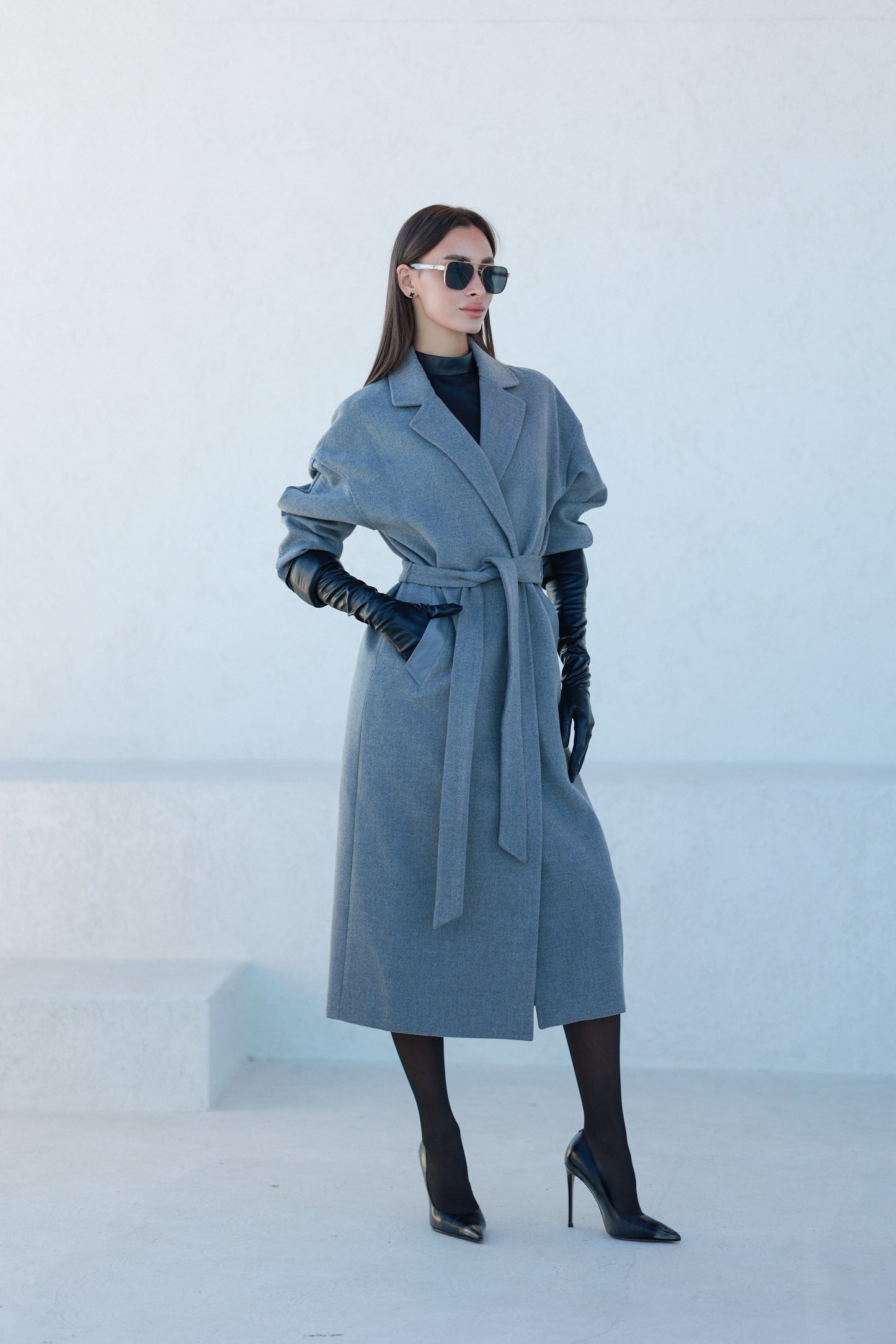 Logan Leather Trim Cashmere Blend Overcoat in Grey