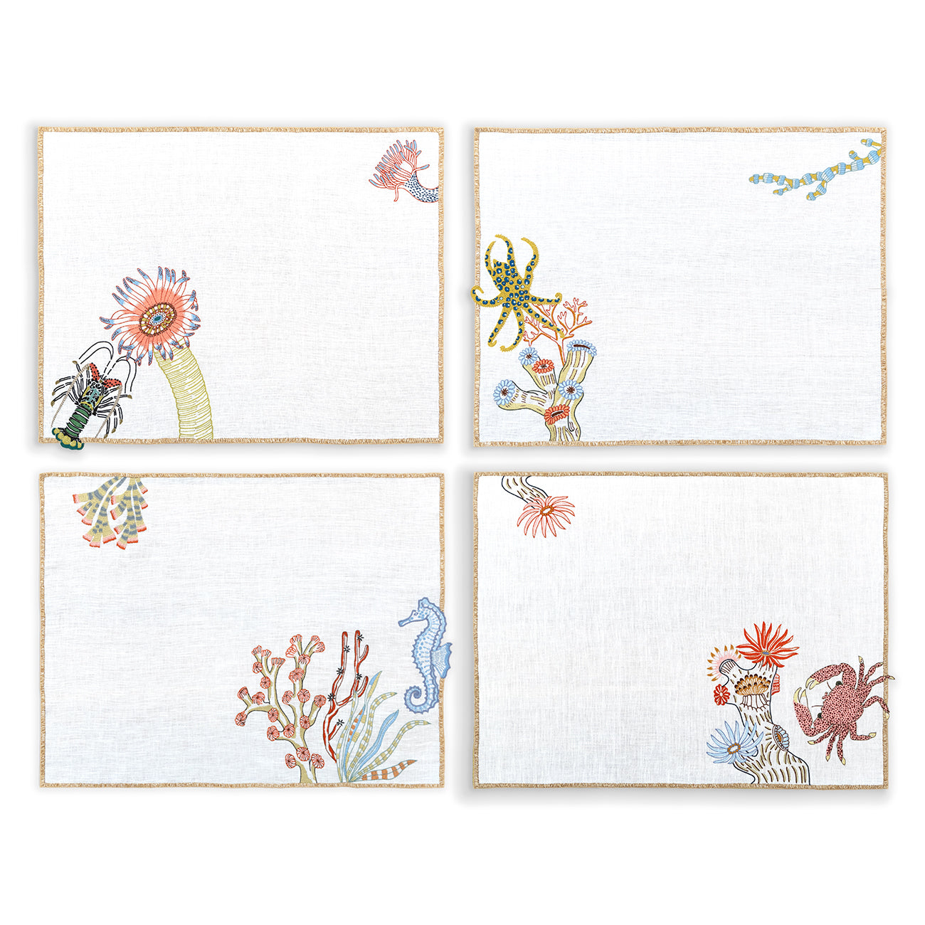 Hand Embroidered Marine Life Placemats 14" × 18" (Set of 4)