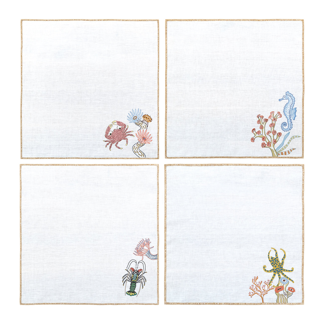 Hand Embroidered Marine Life Napkins 18" x 18" (Set of 4)
