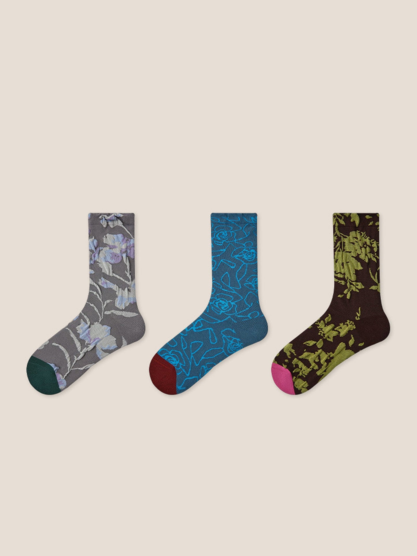 Long-Staple Cotton 3-Pair Floral Embossed Slouch Mid-Calf Sock Set