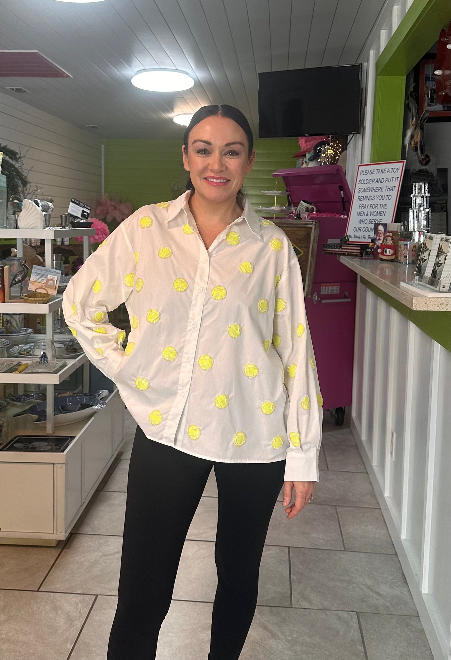 Queen of Sparkles White Scattered Beaded Tennis Ball Button Up Collar Top