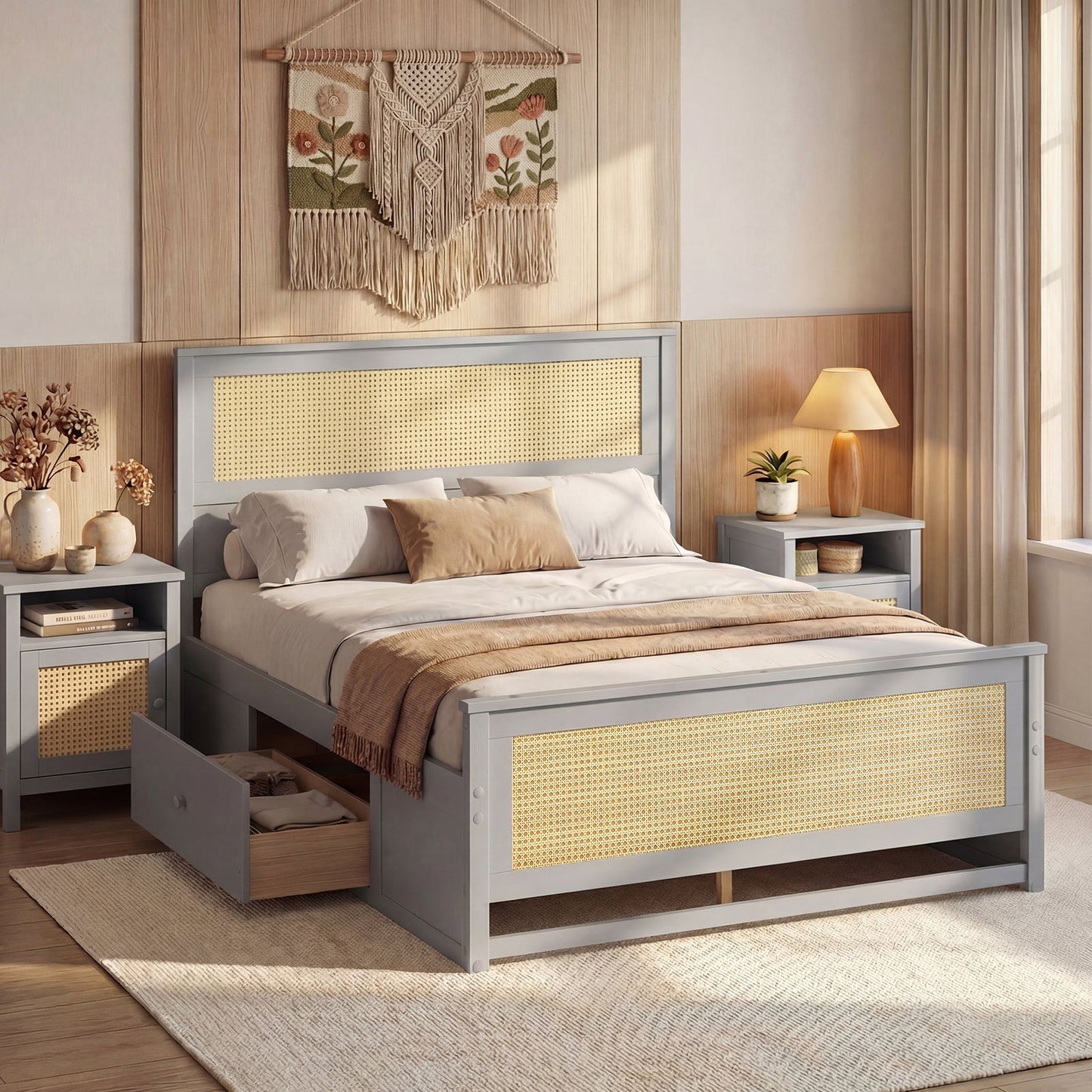 Full Size Rattan Bed Frame with Storage Drawers