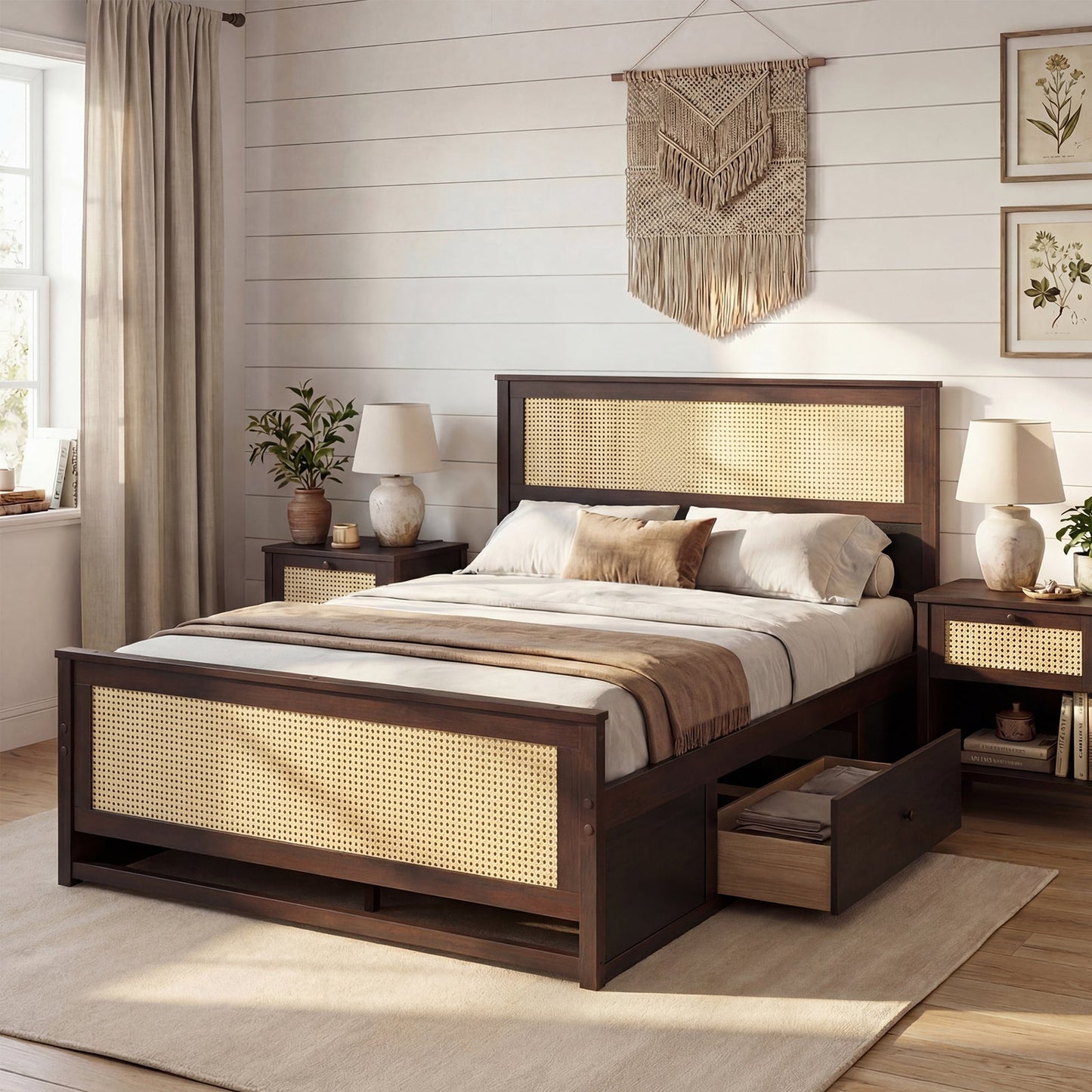 Full Size Rattan Bed Frame with Storage Drawers