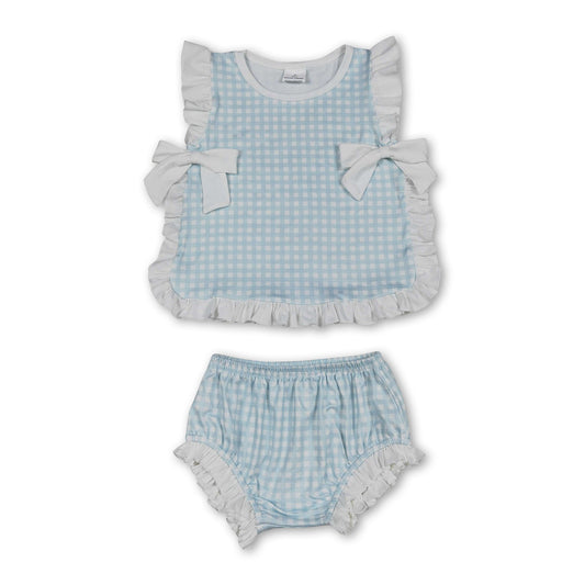Ruffle bow light blue plaid baby girls summer bummies set