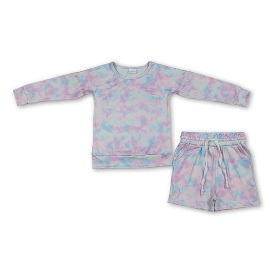 Long sleeves tie dye top shorts kids girls outfits