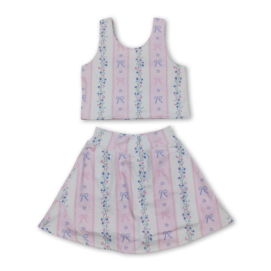 Sleeveless pink bow floral top skirt girls active wear set