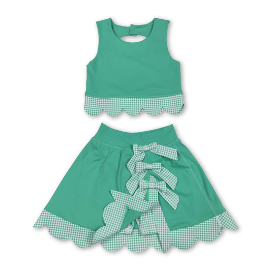 Sleeveless green crop top plaid bow skirt kids girls active set