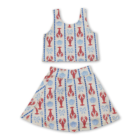 Sleeveless crawfish bow top skirt girls active wear set