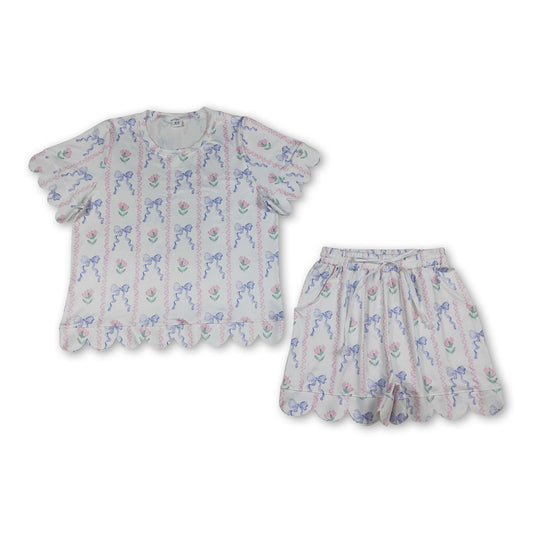 Short sleeves floral bow top shorts adult women outfits