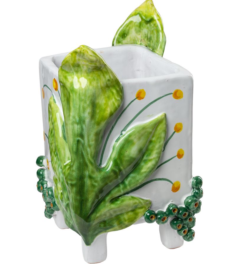 Garden Party Ceramic Cachepot with Green Leaves