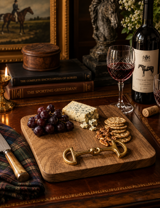 A wooden charcuterie board with a horsebit topper, styled with blue cheese, grapes, crackers, and walnuts on a dark wooden table, with a bottle of red wine and books in the background.