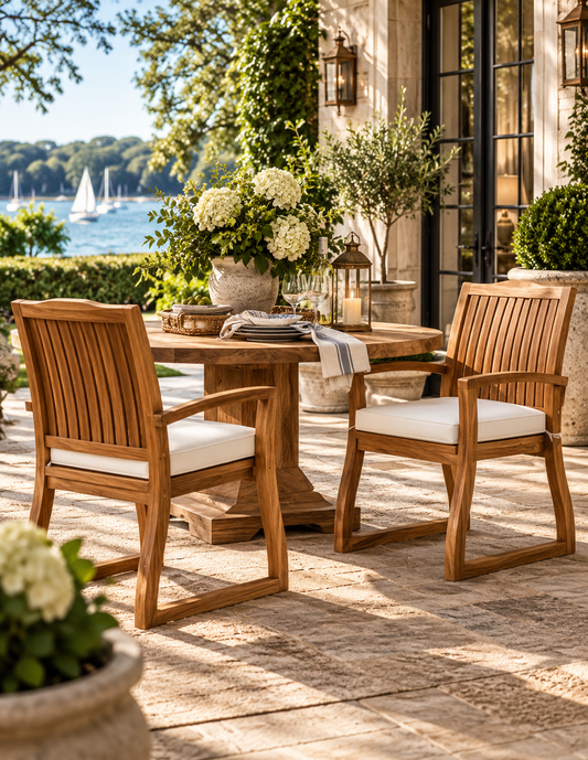 The Ashbourne Outdoor Teak Dining Armchairs with Performance Cushions | Set of 2