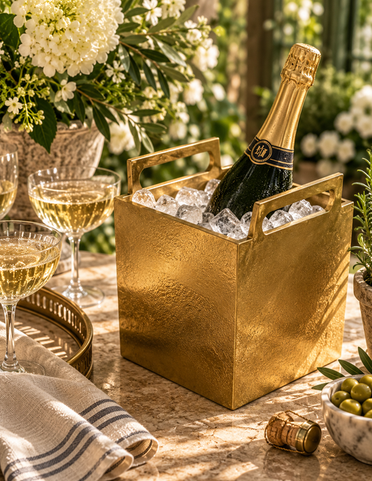 A hammered gold champagne bucket filled with ice, holding a champagne bottle, set on a stone table with champagne glasses, flowers, olives, and a cork in a styled outdoor bar scene.