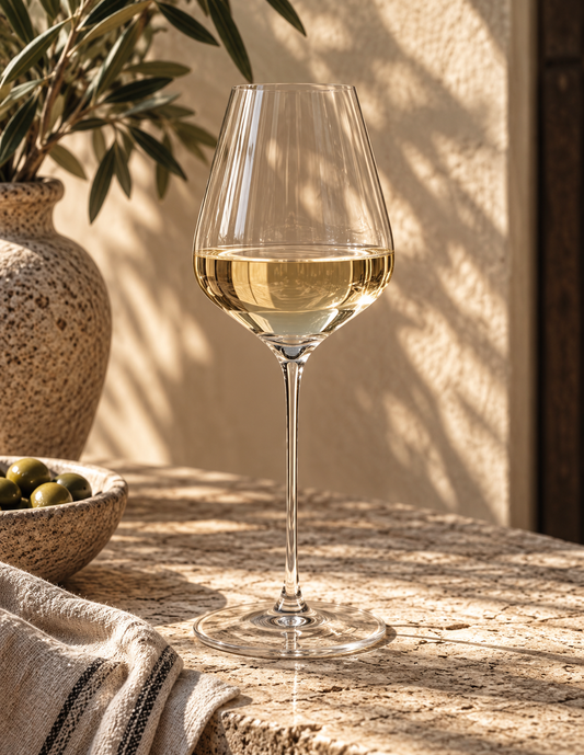 A clear stemmed wine glass with a wide, gently flared bowl, partially filled with white wine, set on a stone table in warm sunlight with olive branches and olives in the background.