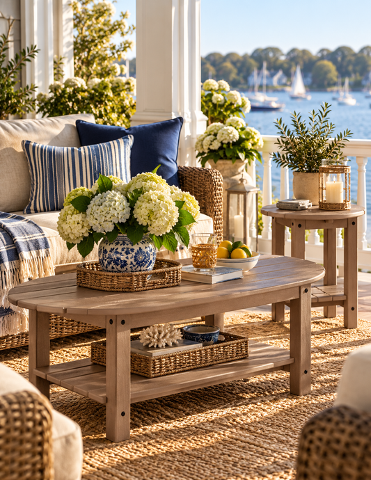 A rustic wooden coffee table with a lower shelf styled on a porch with a view of the water and sailboats in the background. The table is decorated with a blue and white floral vase, a glass of iced tea, and books.