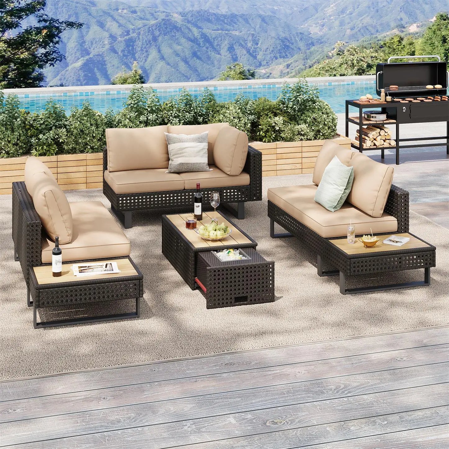 4 Pieces Diamond Weave Patio Sectional Furniture Set With Extendable Coffee Table with Ice Bucket for Backyard in Khaki+Brown