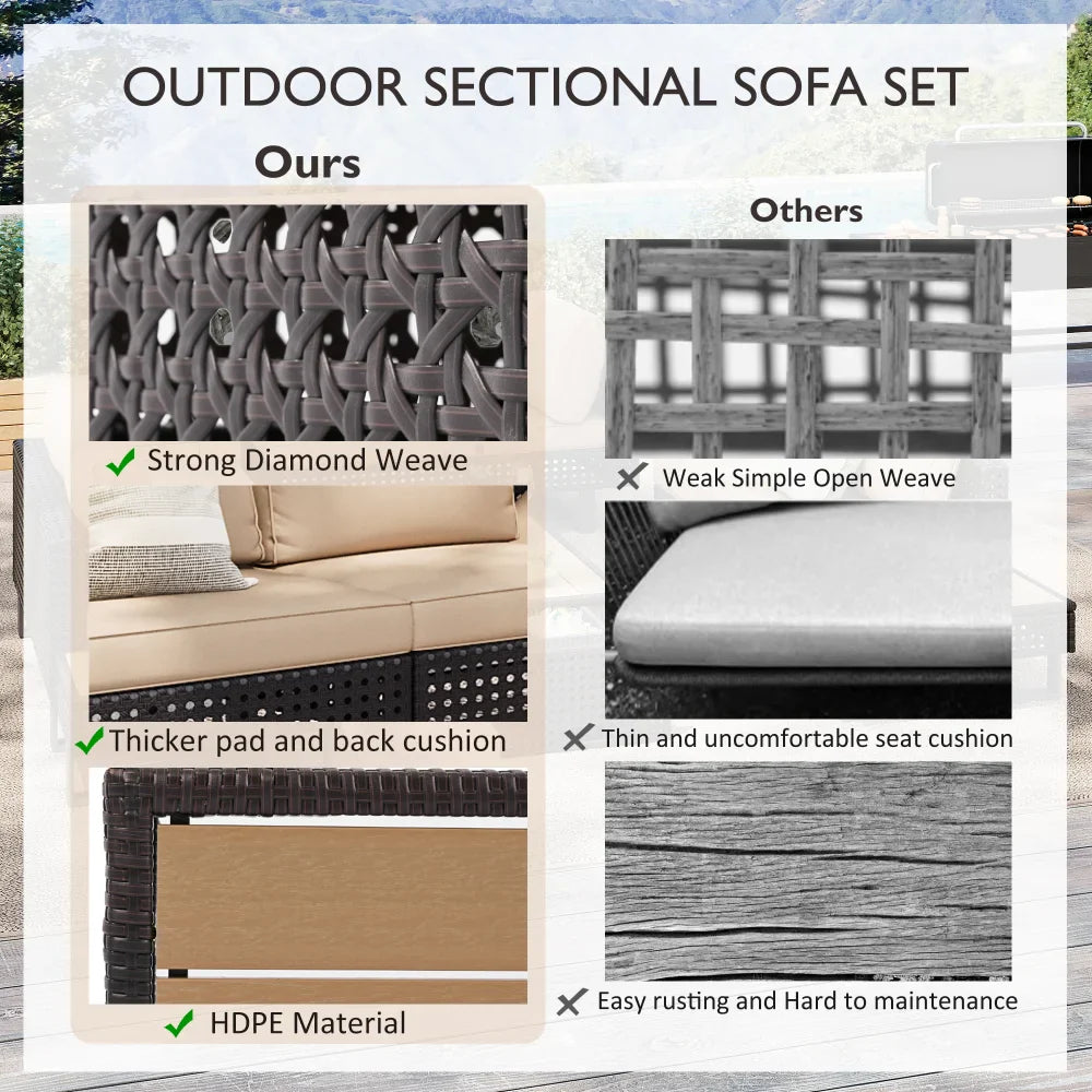 4 Pieces Diamond Weave Patio Sectional Furniture Set With Extendable Coffee Table with Ice Bucket for Backyard in Khaki+Brown