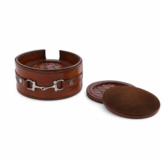 The Ashford Equestrian Leather Coaster Set with Pewter Bit Holder | Set of 6