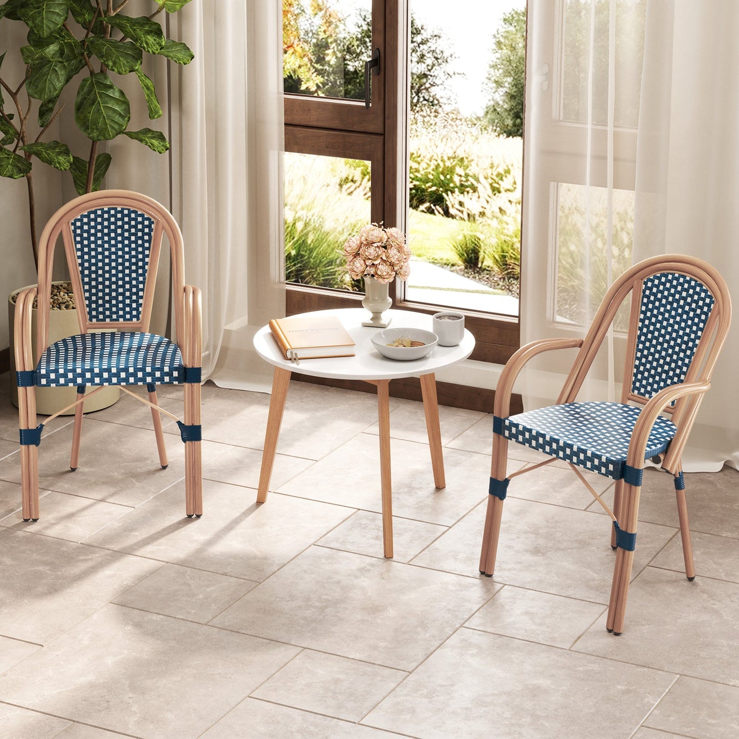 Hand-Woven PE Wicker Outdoor French Bistro Chairs Set of 2
