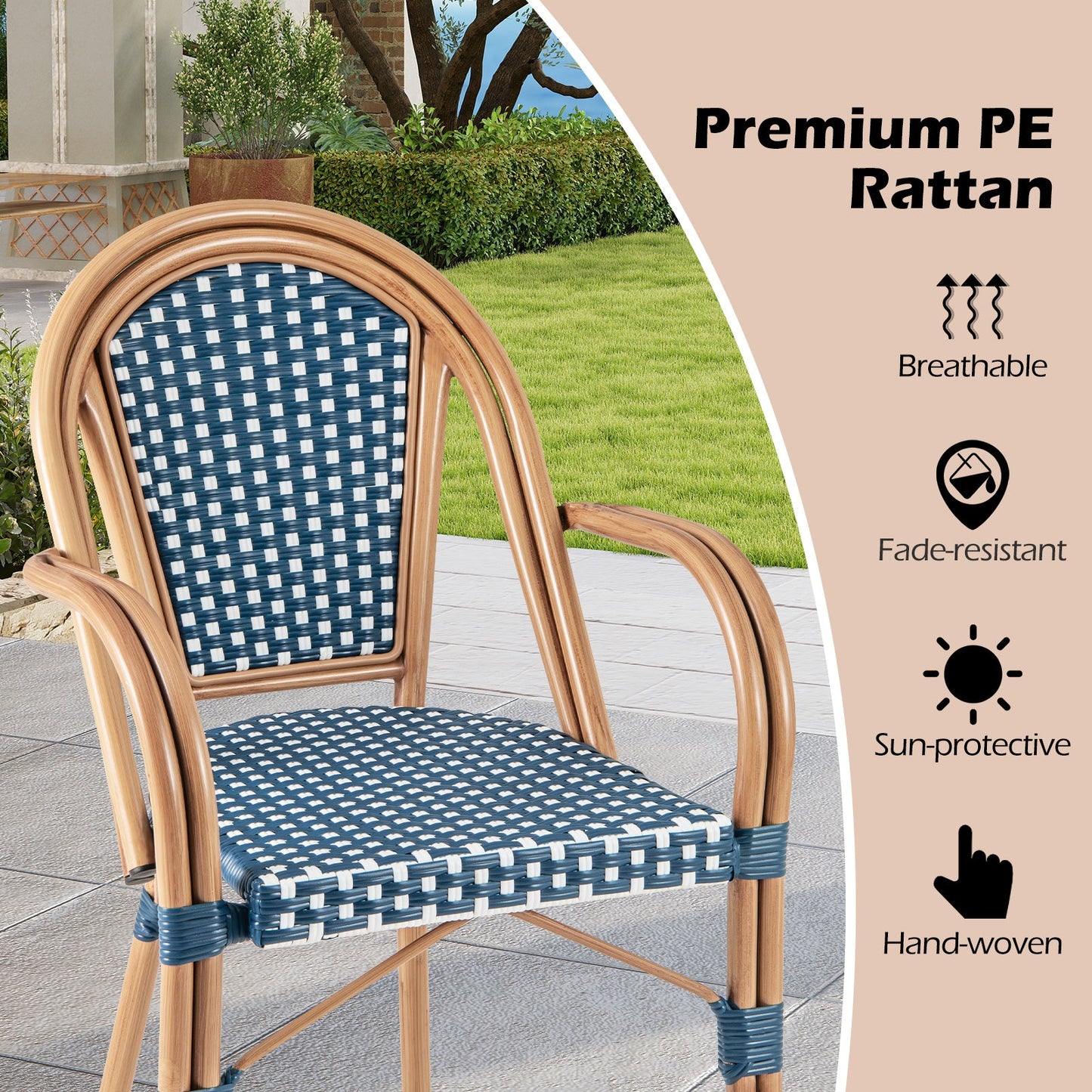 Hand-Woven PE Wicker Outdoor French Bistro Chairs Set of 2