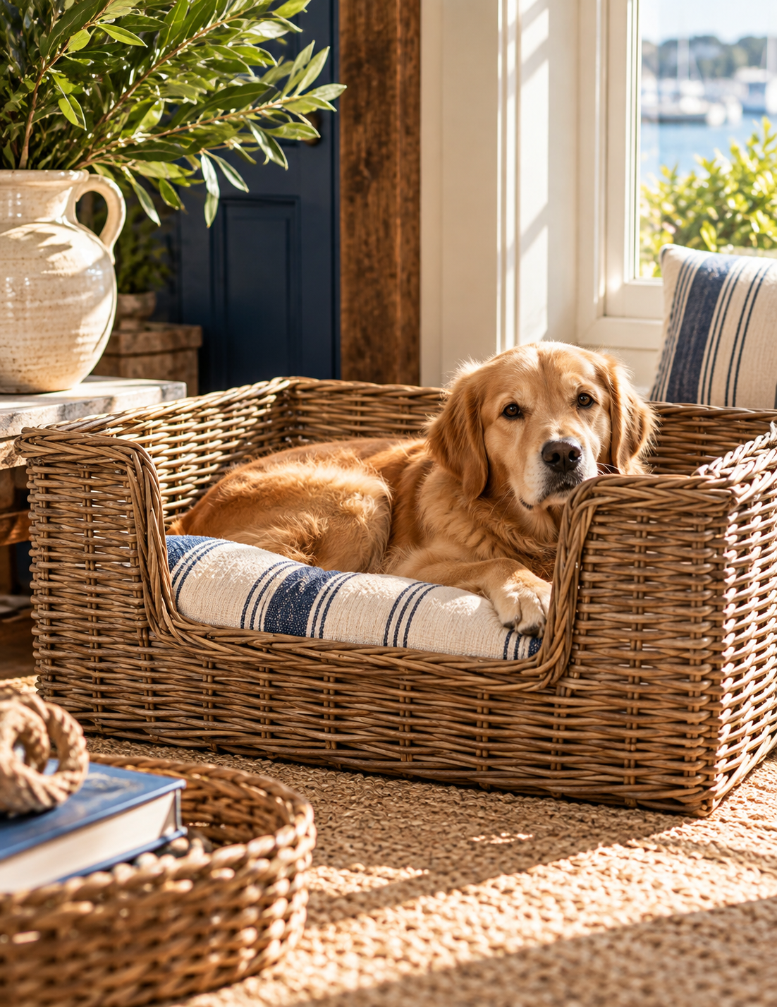 A golden retriever dog rests inside a woven wicker pet bed with a blue and white striped cushion, placed in a bright, sunlit room near a window.