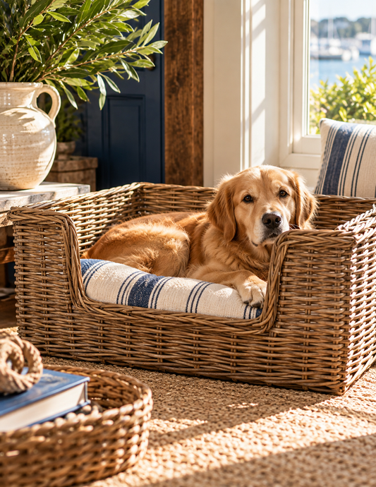 A golden retriever dog rests inside a woven wicker pet bed with a blue and white striped cushion, placed in a bright, sunlit room near a window.